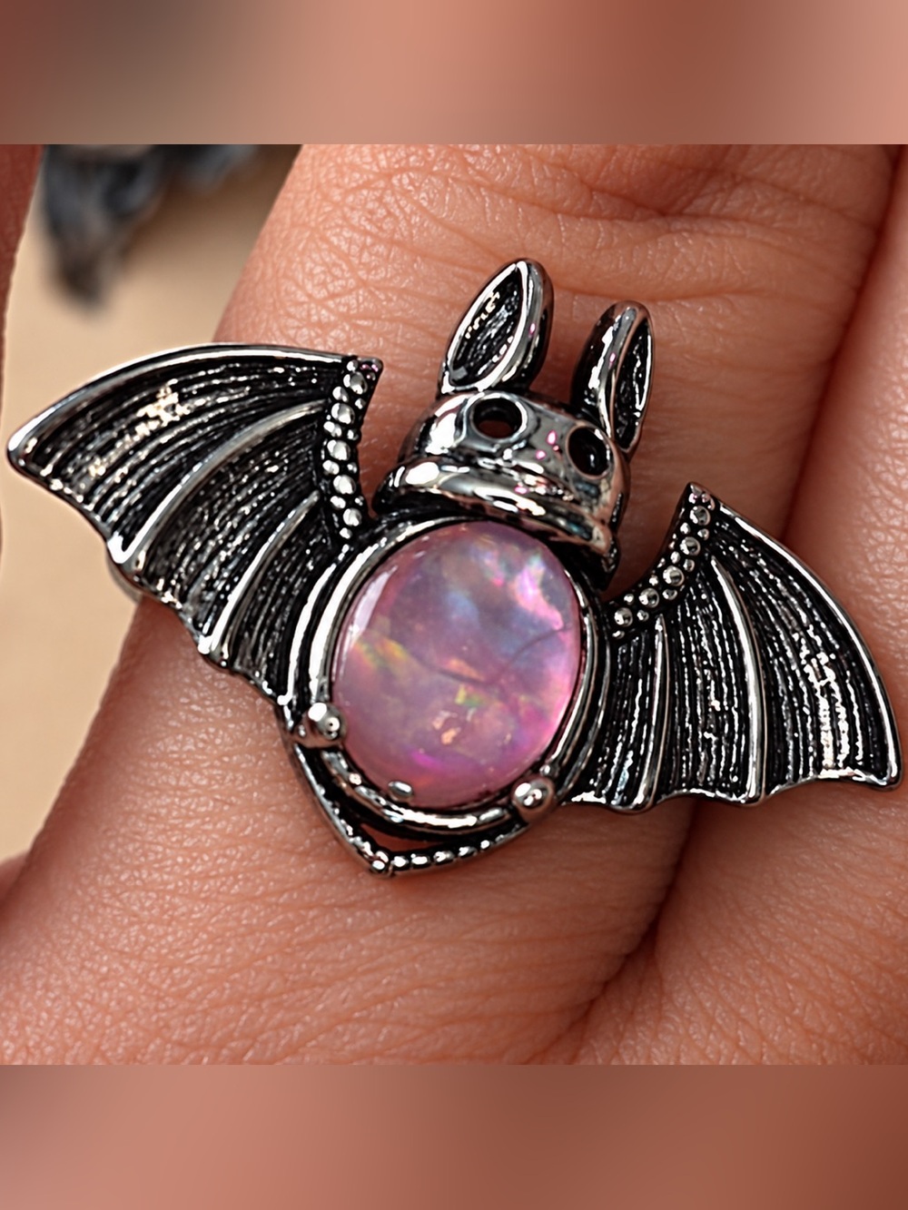 Bat Ring with Pink Rainbow Moonstone | Adjustable | Nickel Free | appx 9mm stone